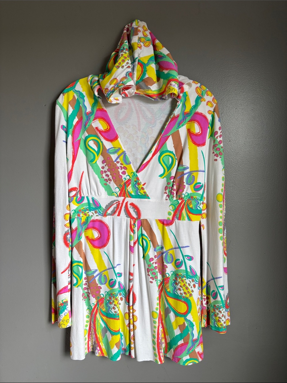ME Mary Ellen colorful abstract print hooded top coverup sz M/L